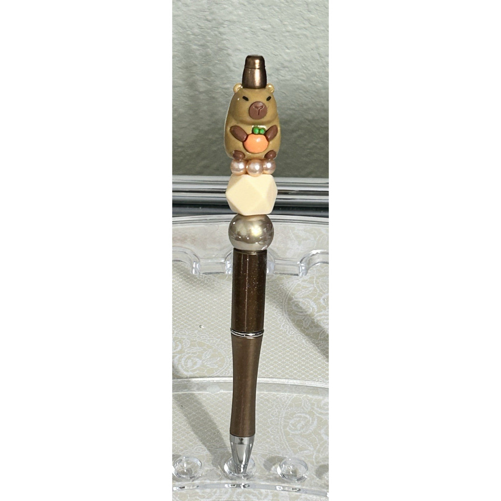 Custom Pen Capybara Brown Metallic Beaded Unique Gift Black Ink